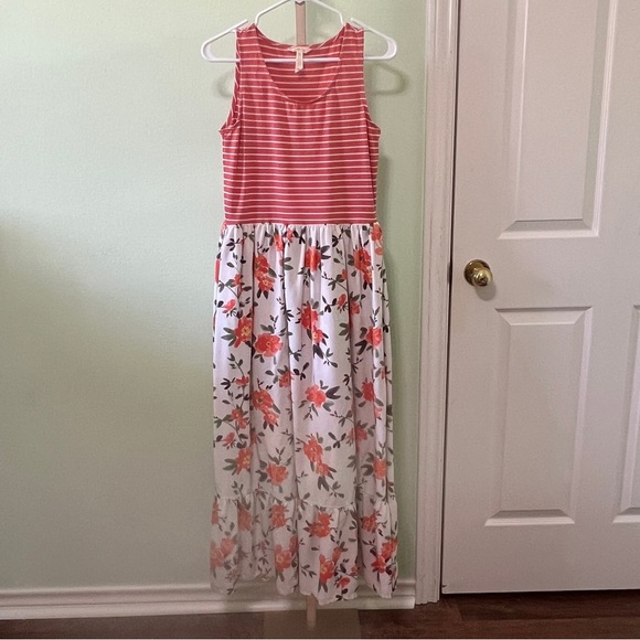 Matilda Jane Maxi Dress striped floral Coral Cream Medium - Picture 1 of 6